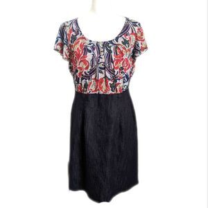 Alyx Dress multicolor paisley floral top, dark denim wash skirt, back zipper 10